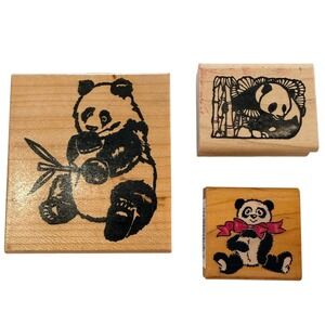 Panda Rubber Stamp Set 3pc Bamboo Bow Tan Wood Rubber